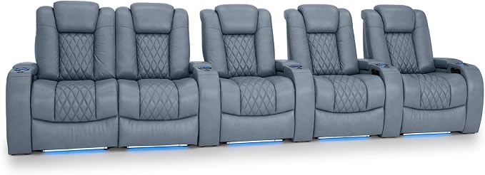 Seatcraft Diamante Zero-Gravity CoolZero Italian Leather Home Theater Seating, Power Headrest, Power Recline, Row of 5 Left Loveseat, Smokey Blue