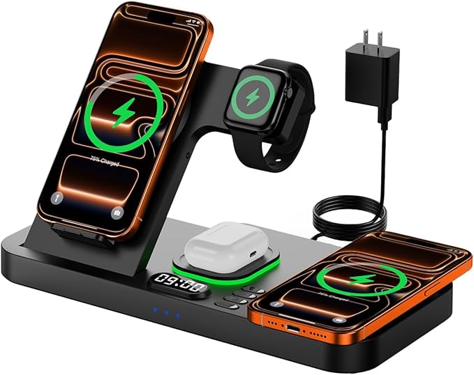 Dual Phone Magnetic Wireless Charging Station for Apple Devices/Apple Ecosystem,with Auto-Switch 7-Color Light & Clock, Compatible with iPhone 17/16/15, for iWatch 11/10/9 & AirPods Pro3（Black