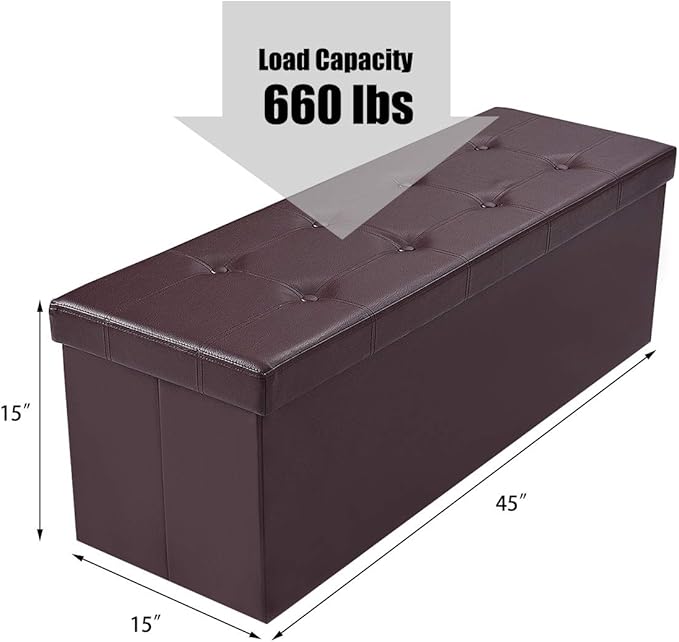 Giantex 45" Folding Storage Ottoman Bench, Storage Chest to Support 660lbs, 165L Storage Trunk Footrest Padded Seat Coffee Table for Bedroom Hallway, Faux Leather, Brown