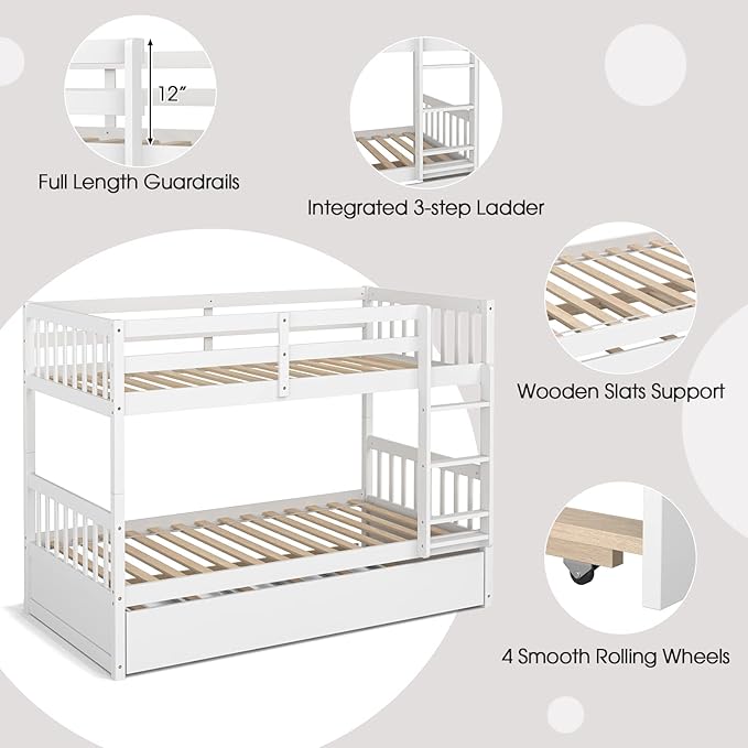 KOMFOTT Wood Twin Over Twin Bunk Bed with Trundle, Solid Pine Wood Bunk Bed Frame with Ladder & Safety Guardrails, Space-Saving Convertible Twin Bed Frame for Home & Dormitory, No Box Spring Needed