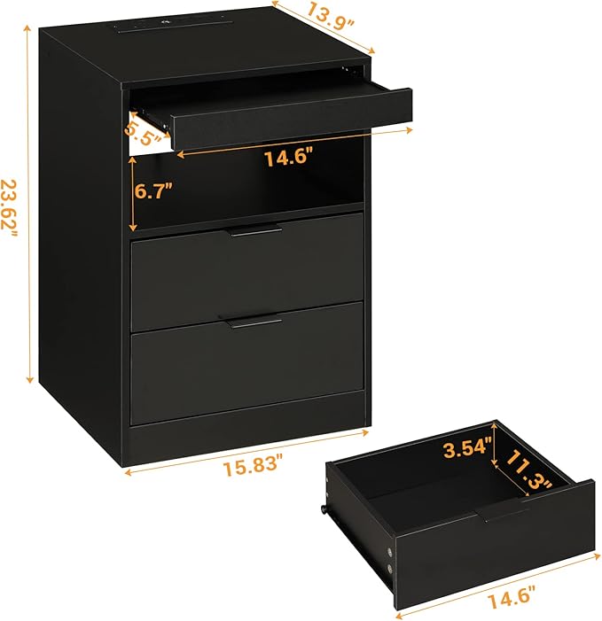 Tiptiper Black Nightstand Set of 2, LED Nightstand with Wireless Charging Station, Night Stand with Drawers & Pull-Out Shelf, Modern Bedside Table with Storage, End Table Side Table
