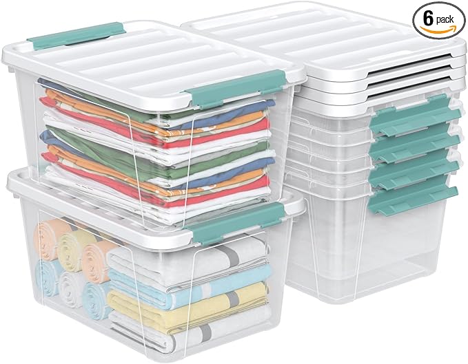 20 Quart Storage Box Bins with Lids, Clear Plastic Latch Totes for Storage, 6 Packs