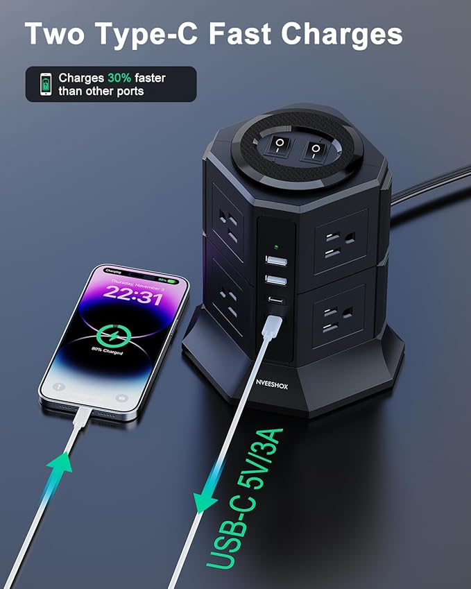 Surge Protector Power Strip with 4 USB Ports(2 Type C) 8 AC Outlets, 10 Ft Ultra Flat Extension Cord with Multiple Outlets, Ultra Flat Plug Power Strip, Desktop Outlet Extender for Home Office Dorm