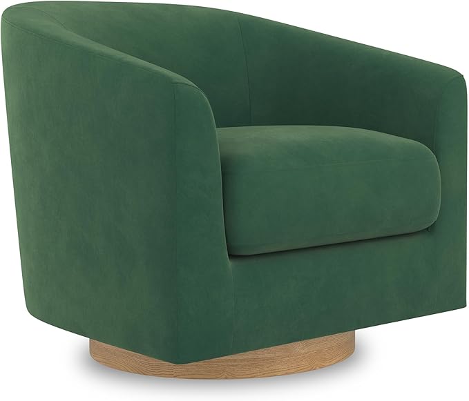 Swivel Barrel Accent Chair with Solid Wood Base, Round Velvet Living Room Arm Chairs, Modern Upholstered Comfty Reading Nook Chairs for Bedroom, Club Armchair, Single Sofa Side Chair, Green