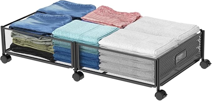 Under Bed Storage on Wheels, Upgraded 31.5 inch Large Rolling Under Bed Storage, Metal Foldable Underbed Drawers Organizer Tool-free Assembly Underbed Shoes Clothes Organize
