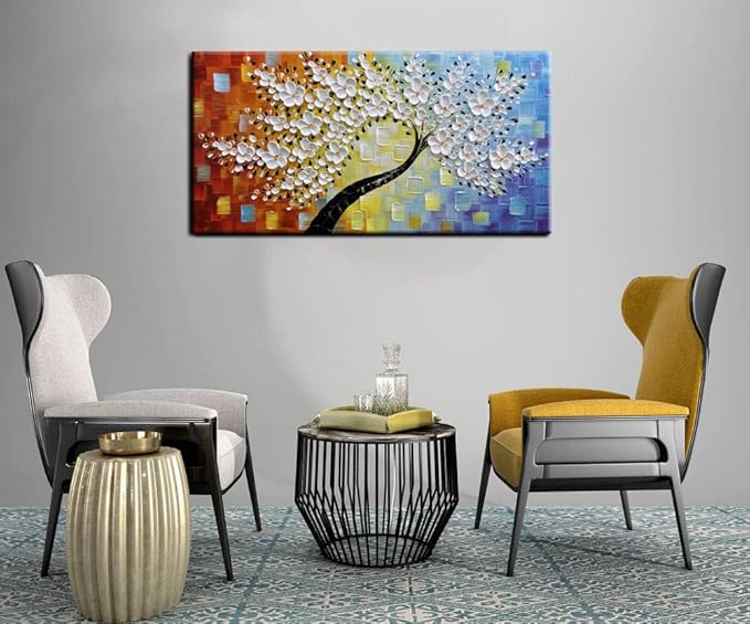 YaSheng Art -hand painted White Flowers Paintings Oil Painting On Canvas Abstract Texture Palette Knife Tree Paintings Modern Home living room Bedroom Dining Room Wall Decor Ready to hang 20x40inch