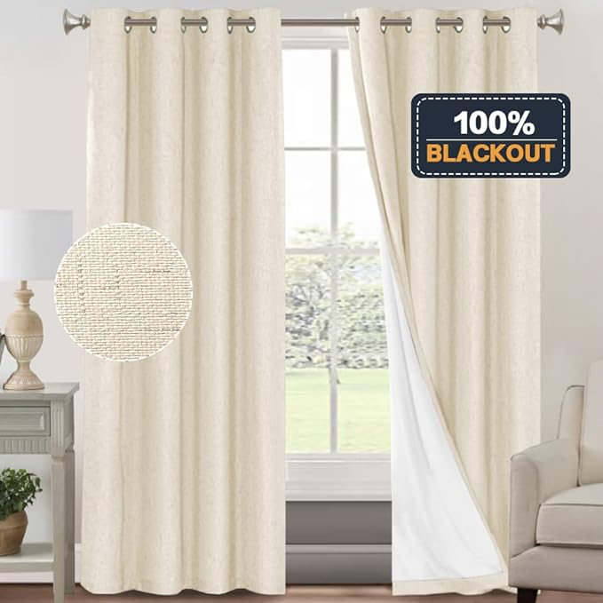 PrinceDeco 100% Blackout Curtains 96 Inches Long 2 Panels Sets Linen Black Out Curtains for Bedroom Thermal Curtains Room Darkening with White Liner Backing for Nursery Decor,52X96 Inch,Bleached Sand