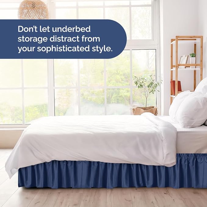 Wrap Around Dust Ruffle Bed Skirt - Navy Blue - for Full Size Beds w/ 14 Inch Drop - Easy Fit Elastic Strap - Adjustable Pleated Bedskirt with Brushed Fabric, Wrinkle Free Women, Men, Kids and Teens