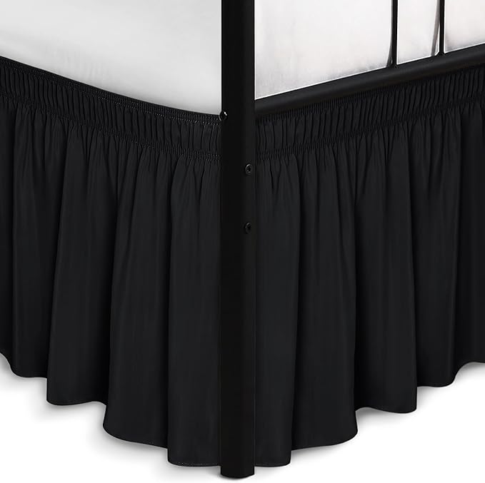 Biscaynebay Wrap Around Bed Skirts with Split Corners for Queen Beds 16" Drop, Black Elastic Dust Ruffles Adjustable Easy Fit Wrinkle & Fade Resistant Silky Luxurious Fabric Machine Washable
