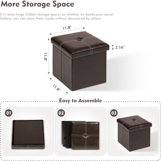 B FSOBEIIALEO Folding Storage Ottoman Cube, Faux Leather Footrest Seat Coffee Table, Brown 11.8"x11.8"x11.8"