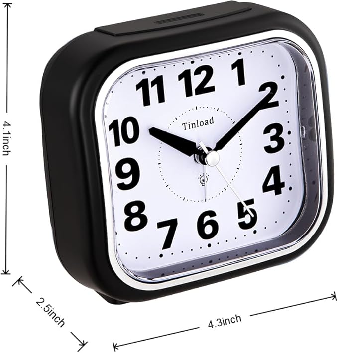 4.5" Compact Analog Alarm Clock, Silent Readable for Seniors, Easy to Set, Gradual Rise Alarm, Big Numbers, On/Off Switch on Side, Gentle Wake, Snooze, Lighted on Demand, Battery Operated, Black