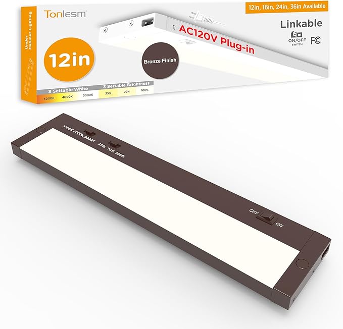 12 Inch Under Cabinet Lighting Plug in, 7W 120V 3 Color 3000K/4000K/5000K, 3 Brightness, Super Bright, Ultra Thin Under Counter Lights for Kitchen, Linkable LED Cabinet Light, Bronze