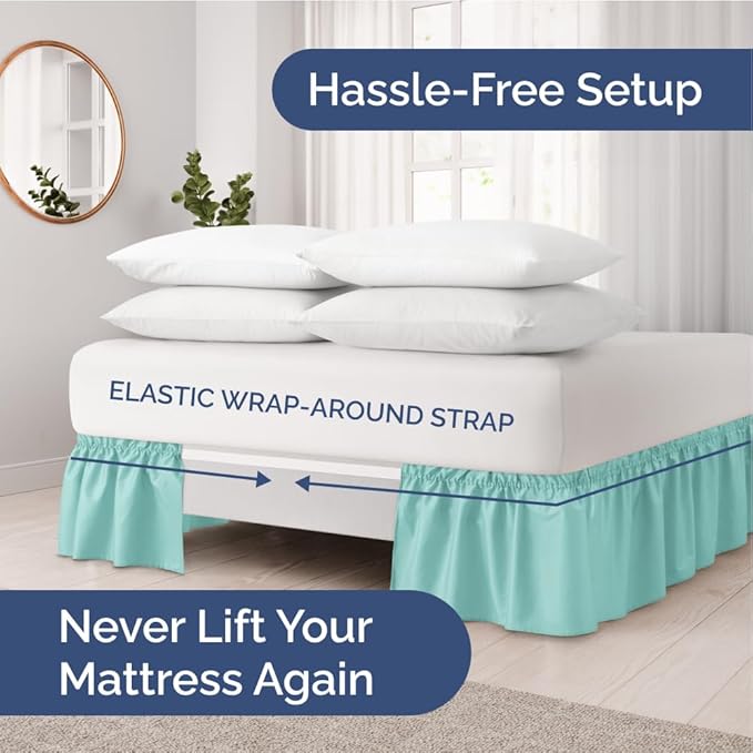 Wrap Around Dust Ruffle Bed Skirt - Spa Blue - for Full Size Beds with 15 Inch Drop - Easy Fit Elastic Strap - Adjustable Pleated Bedskirt w/Brushed Fabric Wrinkle Free - for Women, Men, Kids & Teens