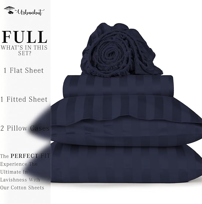 URBANHUT 800 Thread Count 100% Cotton Damask Full Size Sheets, 4 Piece Striped Full Size Bedsheets, Luxury Hotel Sheets Sateen Weave - Better Than Egyptian, 16" Elasticized Deep Pocket- Navy Blue