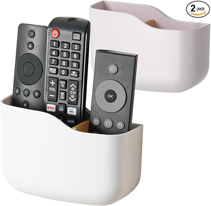 LINFIDITE 2 Pack TV Remote Holder Wall Mount Remote Control Holder for Bed Universal Bedside Wall Remote Holder Caddy Organizer Hole-Free Remote Control Holder (For 2 Or 3 Remote Controls–White