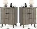 Lulive Wood Night Stand Set 2 Fluted Dresser for Bedroom 3 Drawers End Tables Nightstand with Charging Station, Side Table Dark Grey Oak