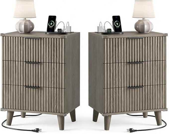 Lulive Wood Night Stand Set 2 Fluted Dresser for Bedroom 3 Drawers End Tables Nightstand with Charging Station, Side Table Dark Grey Oak