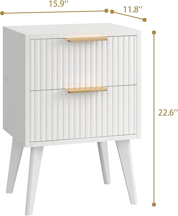 YAUKOMEL Fluted Nightstand with 2 Drawers,Modern Bedside Table with Metal Handles,Side Table with Solid Wood Legs,End Table for Living Room,Bedroom,Small Spcae 11.8" D x 16" W x 22.4" H White CTG55W