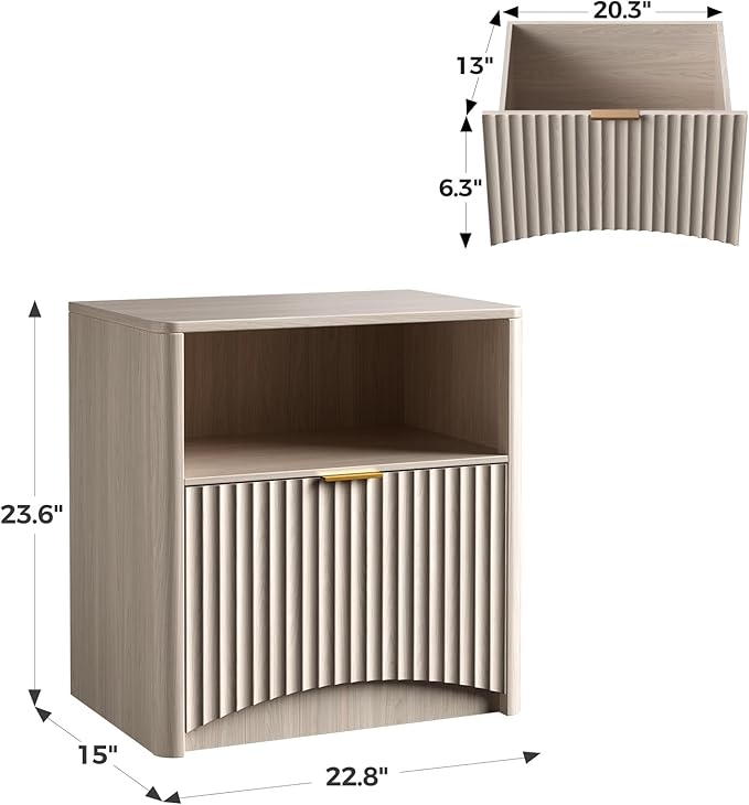 Evermagin Fluted Nightstand, Bedside Table with Drawer and Storage, Wood End Table Mid Century Modern, Large Night Stand for Bedroom, White Alder