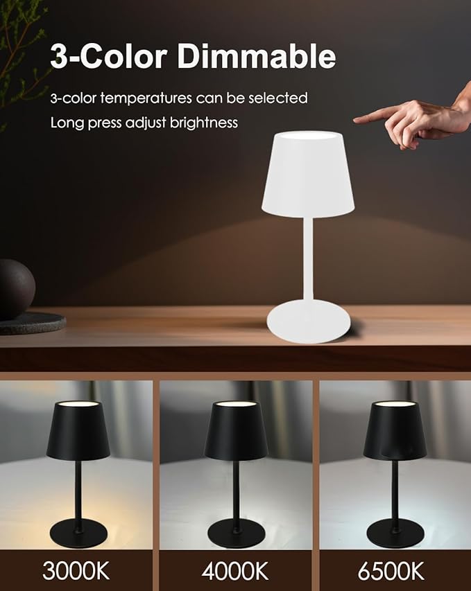 Cordless Table Lamp, Rechargeable Table Lamp with Touch Dimmable Control, Portable LED Desk Lamp for Indoor Patio (White-Round, 2)