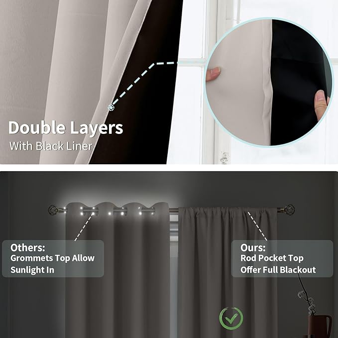 BGment Short Blackout Curtains for Bedroom, Thermal Insulated Full Room Darkening Soundproof Rod Pocket Small Window Curtains 45 Inch Length, 2 Panels，Each Panel 52 Inch, Cashmere