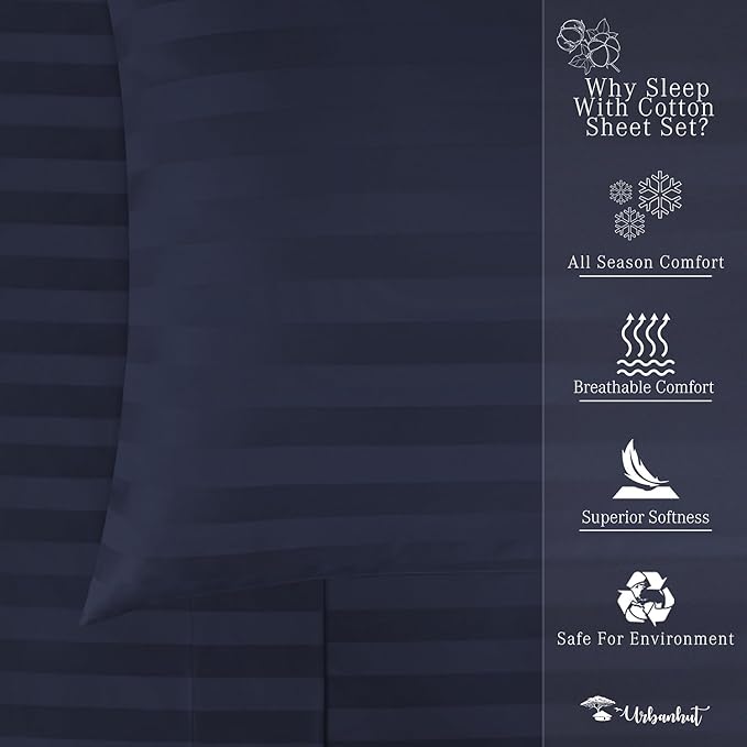 URBANHUT 800 Thread Count 100% Cotton Damask California King Size Sheets Set, 4 Piece Striped Cal King Size Bedsheets, Luxury Hotel Sheets Sateen Weave, 16" Elasticized Deep Pocket- Navy Blue
