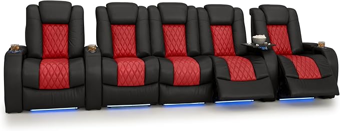 Seatcraft Diamante Zero-Gravity CoolZero Italian Leather Home Theater Seating, Power Headrest, Power Recline, Row of 5 Middle Sofa, Black/Red