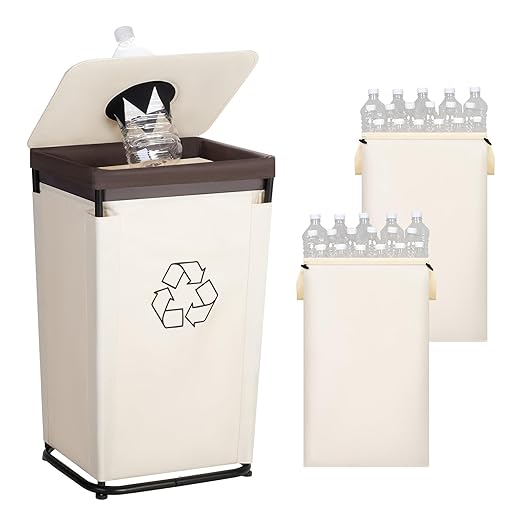 StorageWorks Recycling Bin with Lid, 29Gal Large Recycling Bin for Kitchen, Indoor Recycling Bins with 2 Reusable Washable Bags for Bottles and Cans, Steel Frame Fabric Sorter, 110L, Beige