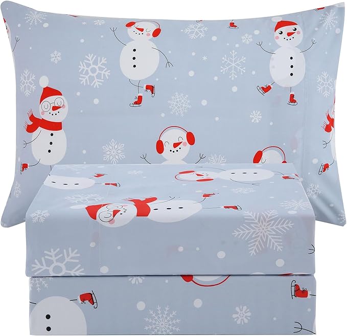 JSD Snowman Kids Sheet Set Twin Size, 3 Piece Blue Snowflakes Christmas Printed Microfiber Sheets Deep Pocket