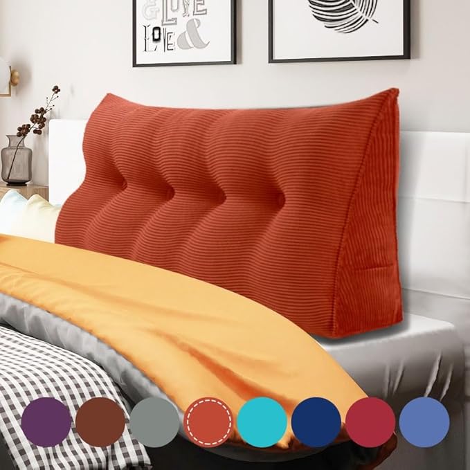 WOWMAX 100% Cotton Corduroy Headboard Pillow – Full Size Back Support Reading Wedge for Bed & Daybed, Plush Handmade Bolster Cushion with Removable Cover, Cozy Bed Rest Pillow, Rusty Orange
