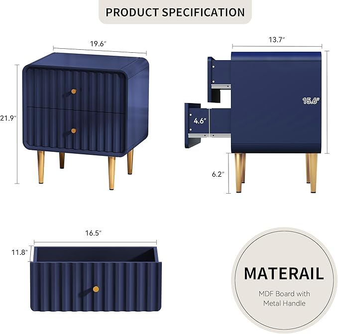 HLR Modern Nightstand Set of 2, Fluted Bed Side Table with 2 Drawers Storage, Wood End Table with Gold Metal Handle, Blue Night Stands for Bedroom