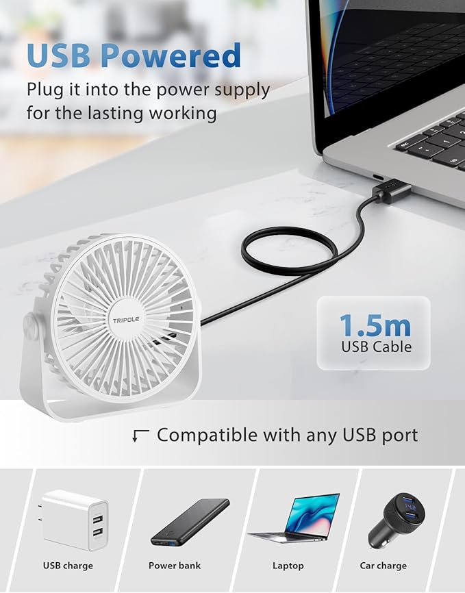 TriPole USB Desk Fan Portable Mini Fan Powerful 3 Speeds Wind Personal Desktop Fan with 360° Head Rotation for Home Office Car Indoor Outdoor White, No Battery, 4.5 Inches
