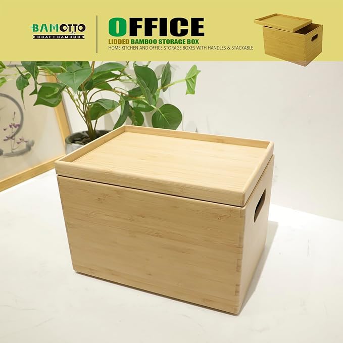 BAMOTTO Lidded Bamboo Storage Bins & Box/Cube/Basket, Home Kitchen and Office Storage Boxes with Handles & Stackable for Organizer Tableware, Clothing, Toys, Office Shelf Books, 10.2”x7.3”x6.5”