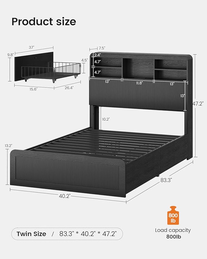 AOGLLATI Twin Bed Frames with 4 Storage Drawers and Hidden Storage Headboard, Black Led Fluted Twin Bed with Charging Station and Curved Profile Design, Noiseless,No Box Spring Needed, Black