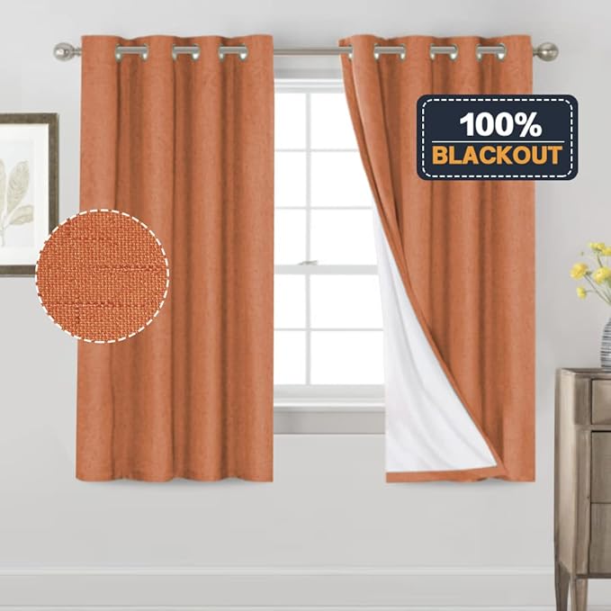 PrinceDeco Blackout Curtains 100% Blackout Curtains for Bedroom Anti-Rust Grommet Thermal Insulated Curtains for Living Room Room Darkening Drapes for Nursery, Set of 2, 52" W x 63" L,Orange
