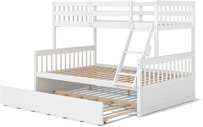 KOMFOTT Wood Twin Over Full Bunk Bed with Trundle, Bunk Bed Frame with Solid Pine Wood Frame, Space-Saving Bed Frame with Ladder & Safety Guardrails, No Box Spring Needed