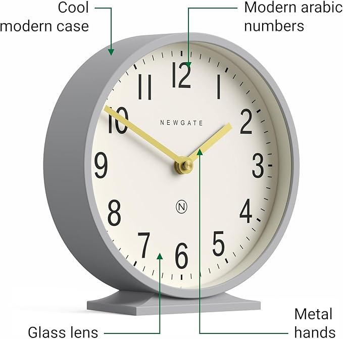 NEWGATE® Q Mantel Clock | Modern Classic Round Mantel Clock | Clockwork Gray | Contemporary Style for Mantel, Desk, Table, Shelf or Bedside