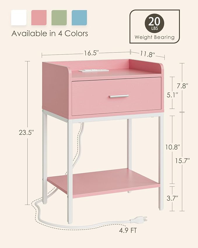 Masupu Nightstand with Charging Station,3-Tier Modern Bedside Night Stand with Storage Drawer and Shelf,Small End Side Table for Bedroom,Living Room,Pink and White