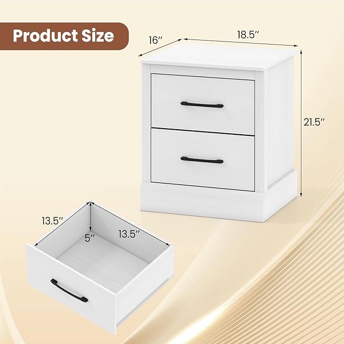 Giantex Modern Nightstand, Wood Bedside Table with 2 Storage Drawers, Compact Floor Night Stand End Table, White Accent Sofa Side Table for Bedroom