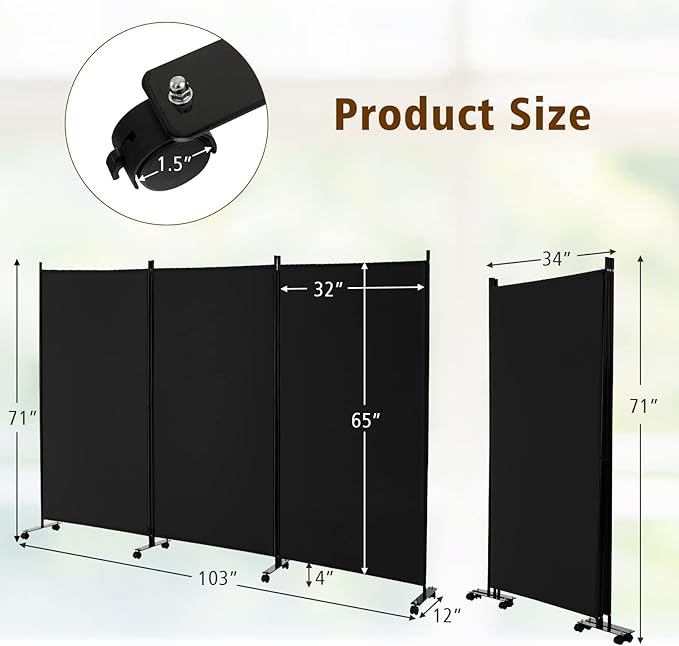 GOFLAME 3 Panel Folding Room Divider, 6FT Rolling Privacy Screen with Lockable Wheels, Portable Room Partition Screen, Freestanding Wall Divider and Separator for Home Office, Black