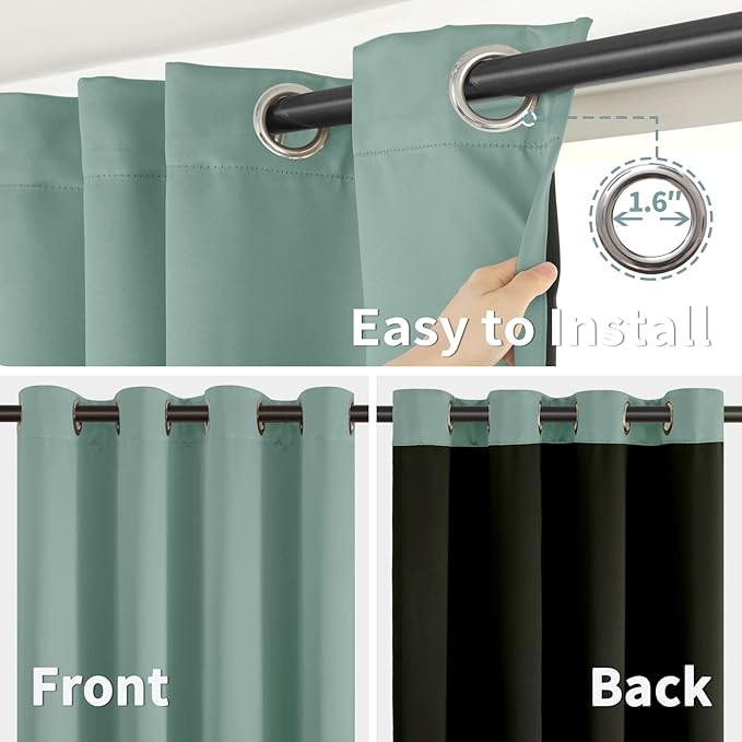 BGment Thermal Insulated 100% Blackout Curtains for Bedroom with Black Liner, Double Layer Full Room Darkening Noise Reducing Grommet Curtain (42 x 63 Inch, Frosty Green, 2 Panels)