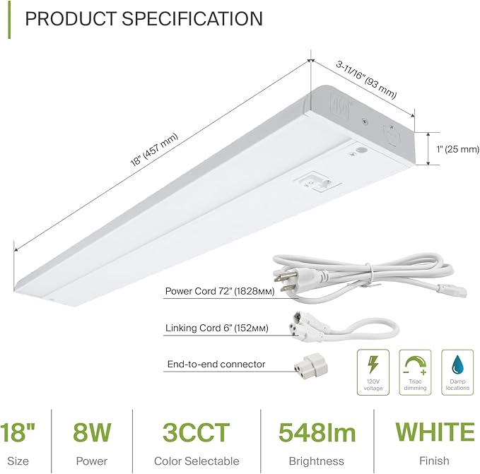 ASD 20 Pack 18 Inch LED Under Cabinet Lighting Plug in or Hardwired, High/Low/Off Switch, 8W 120V 3 CCT 2700K/3000K/4000K CRI90+, Triac Dimmable Linkable Under Counter Lights for Kitchen, ETL, White