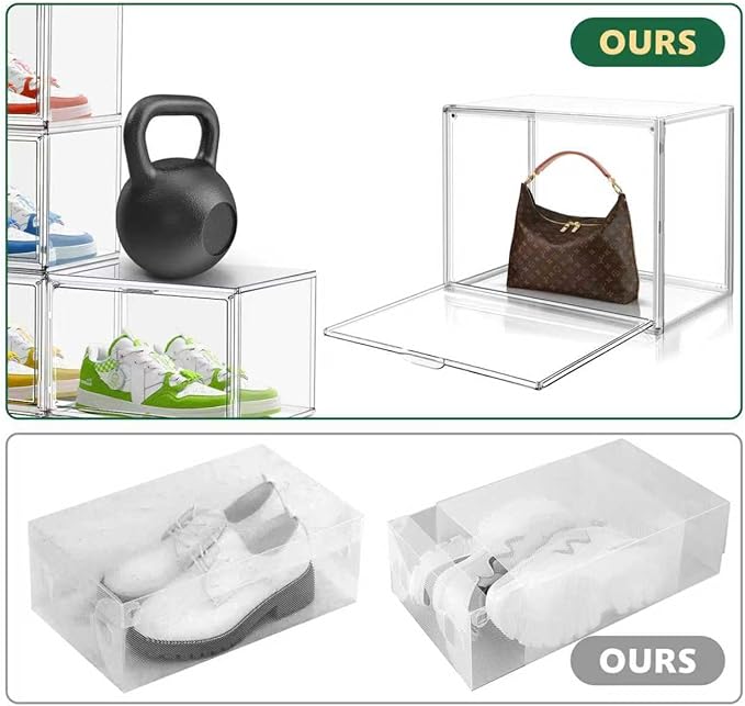 12 Pack X-Large Acrylic Display Case, Size 14 Clear Shoe Box Stackable Sneaker Display Case with Magnetic Lid Multipurpose Storage Bin for Closet for Purses, Handbags, Cosmetics, Collectibles