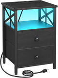 AMHANCIBLE Nightstand with Fast Charging Station, End Table Living Room with USB Charger, Power Outlet, Bed Side Table with Fabric Drawers for Bedroom HET052LBK1