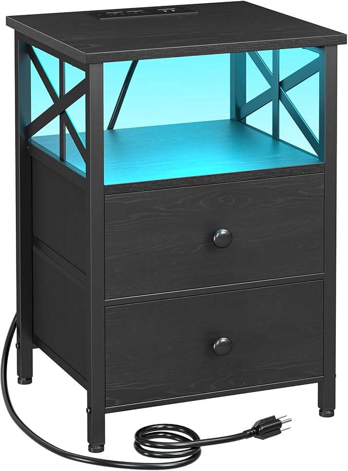 AMHANCIBLE Nightstand with Fast Charging Station, End Table Living Room with USB Charger, Power Outlet, Bed Side Table with Fabric Drawers for Bedroom HET052LBK1