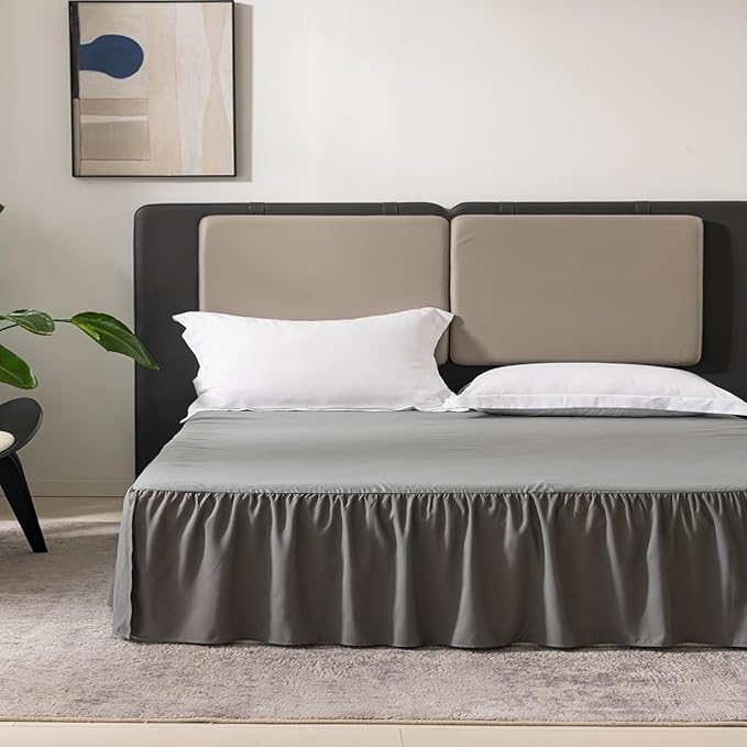 TSUTOMI Queen Size Grey Bed Skirt with Ruffles and Split Corners, 16 Inch Drop