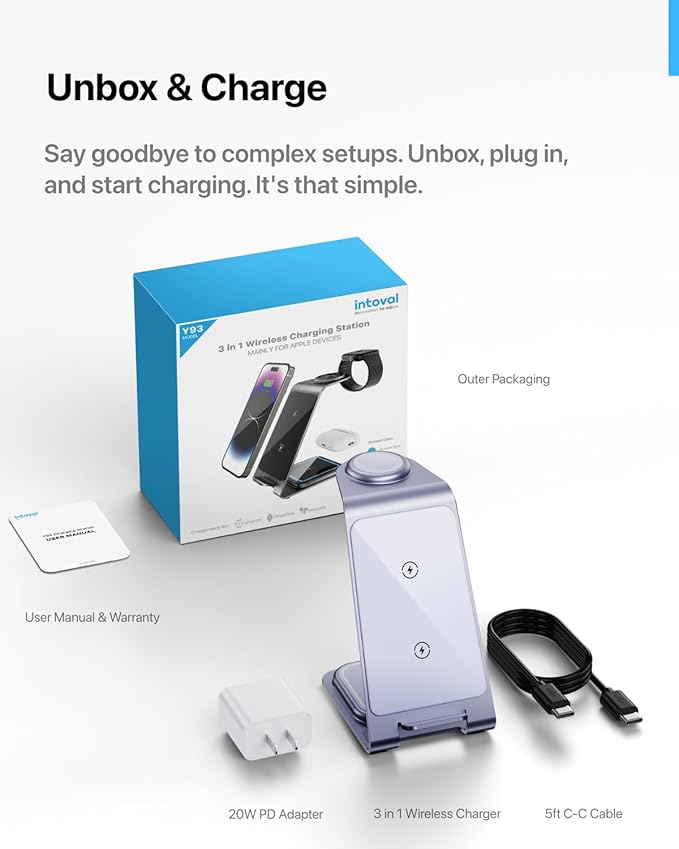 Intoval Aluminum 3 in 1 Wireless Charging Station for iPhone 17 16 15 14 13 12 11 Pro Max XR, Wireless Charger for Apple Watch 11 10 9 8 7 Ultra SE 3 2, Phone Charger for AirPods 4 Pro 2 3 (Lavender)