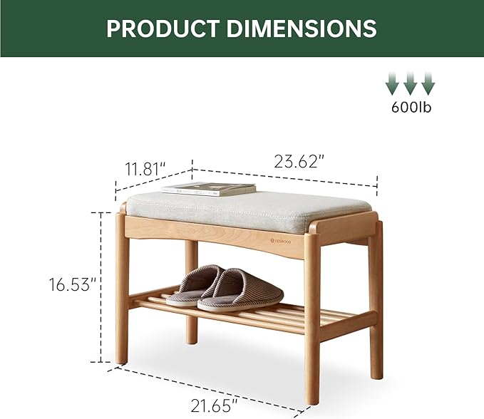 Solid Wood Shoe Bench, Shoe Rack Bench Assembled with Cushion for Entryway, Hallway, Bedroom, Living Room, Beech Wood, 11.8" x 23.6" x 16.5", Natural