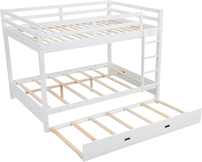 Bellemave Queen Over Queen Size Bunk Bed with Trundle for Kids/Adults,Solid Wood Bunk Bed Frame Queen Size with Ladder & Safety Guardrails,White
