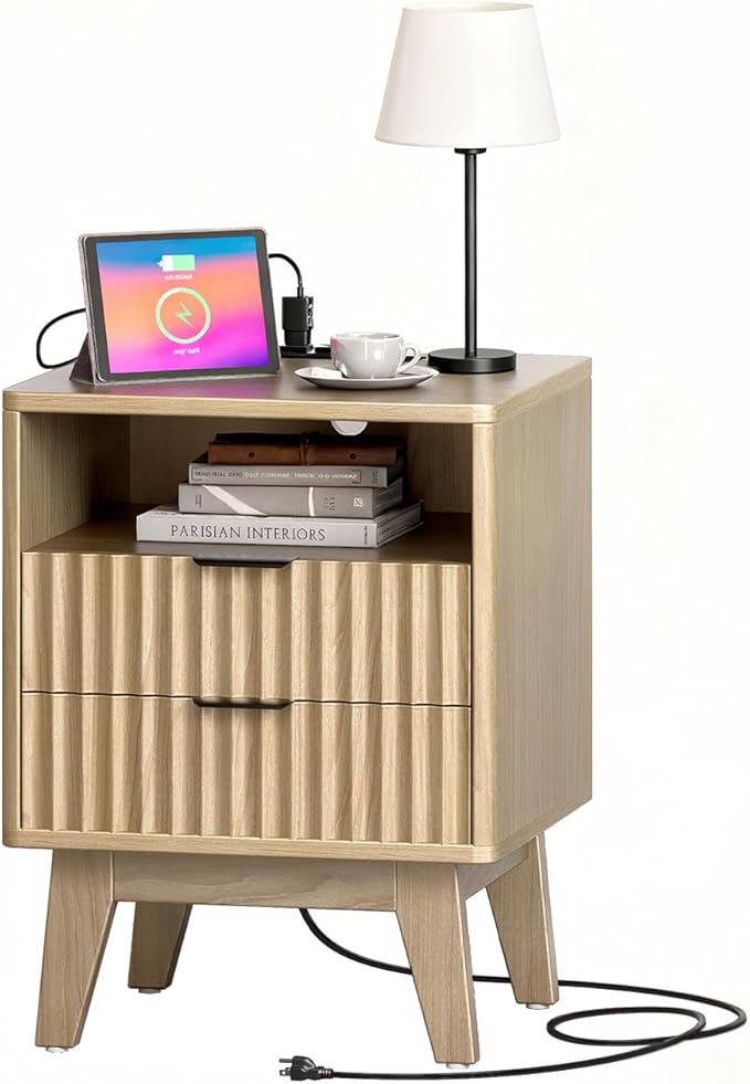 Nightstand with Charging Station, Modern Fluted 2 Drawer End Table with Storage Shelf, Natural Oak Bedside Table for Bedroom & Office